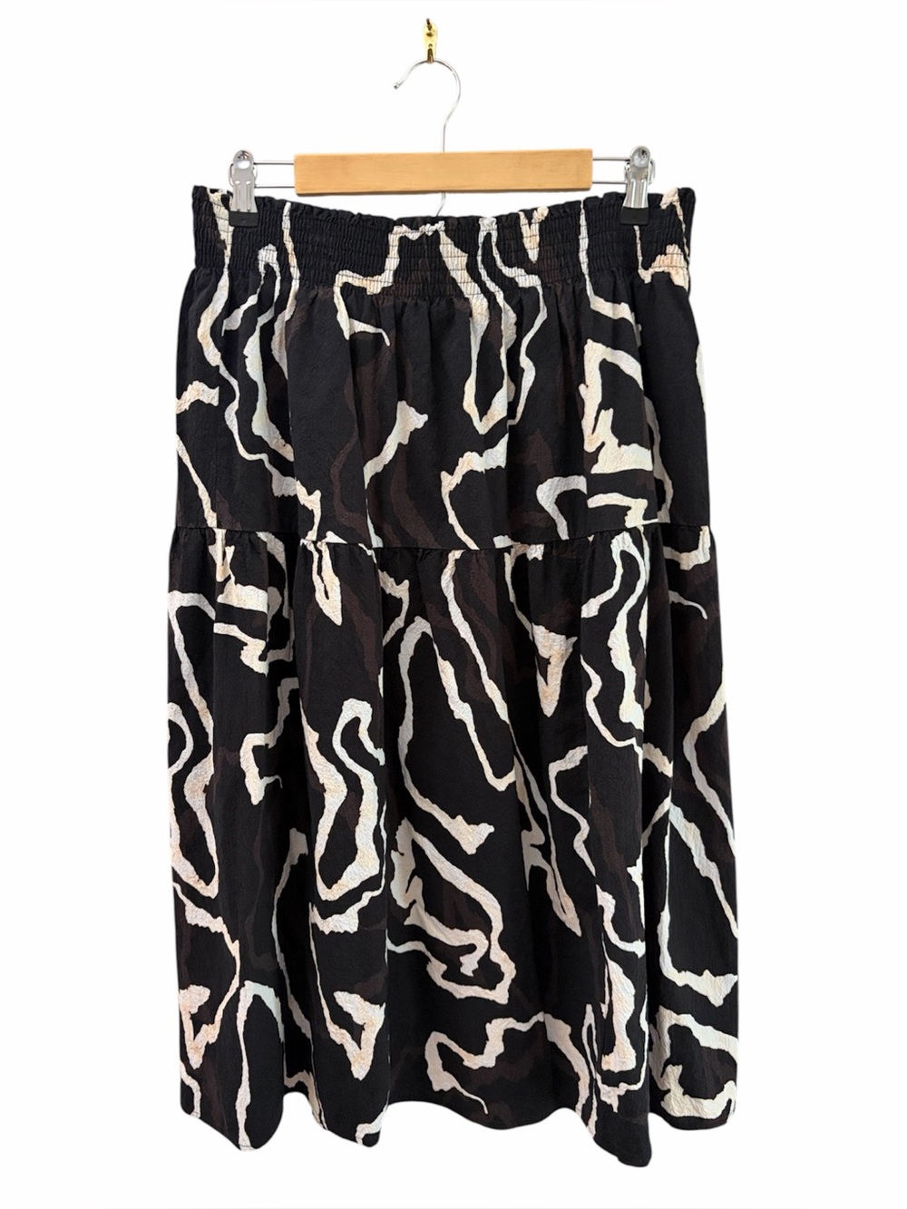 Nine West Artsy Eclectic Black/Brown White Abstract Tiered Midi Skirt Medium